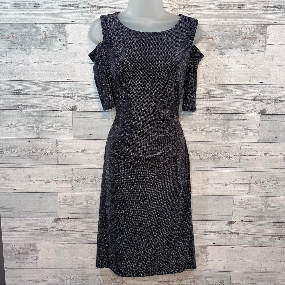 R & M Richards Navy Blue Metallic Cold Shoulder Bodycon Ruched Dress Size 8